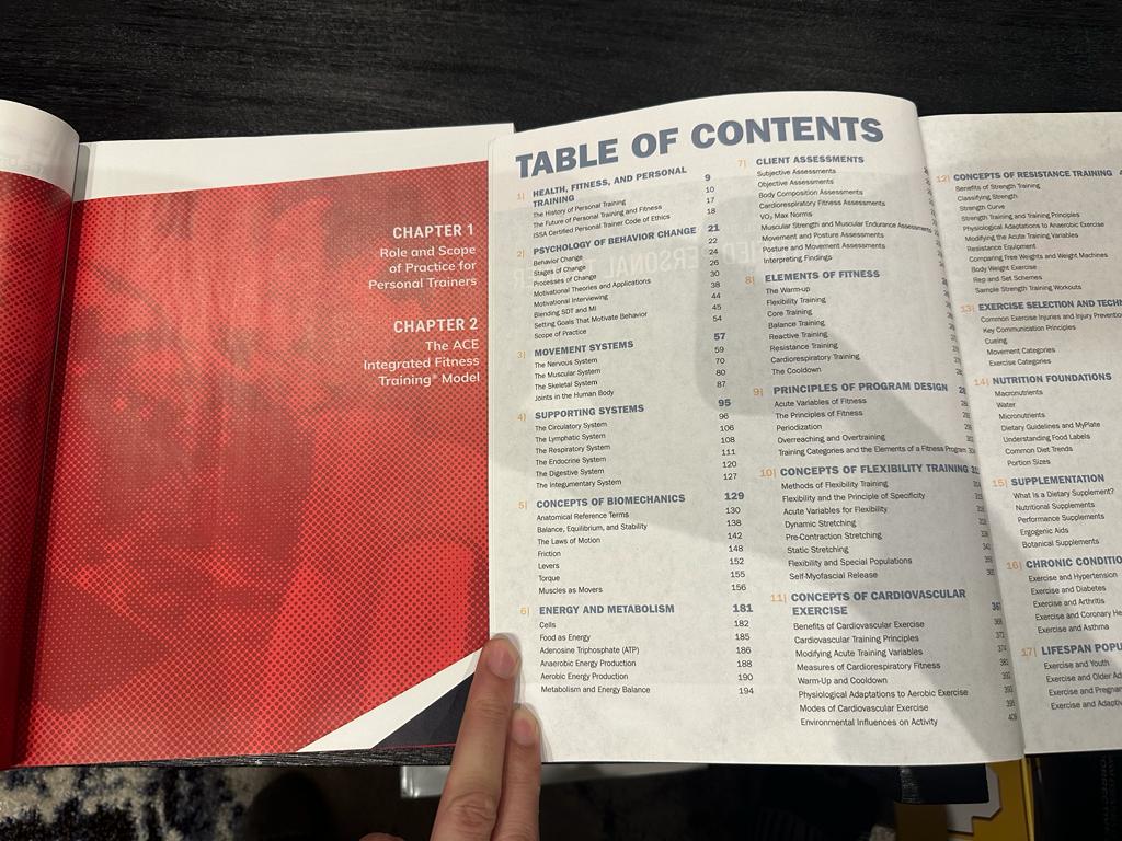 ACE and ISSA textbooks open to their table of contents - course layout of ISSA vs ACE