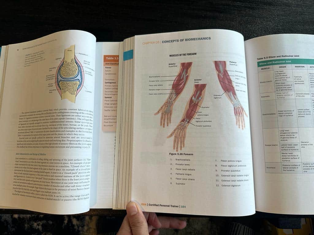 ACSM and ISSA textbooks open to biomechanics page - which CPT is best