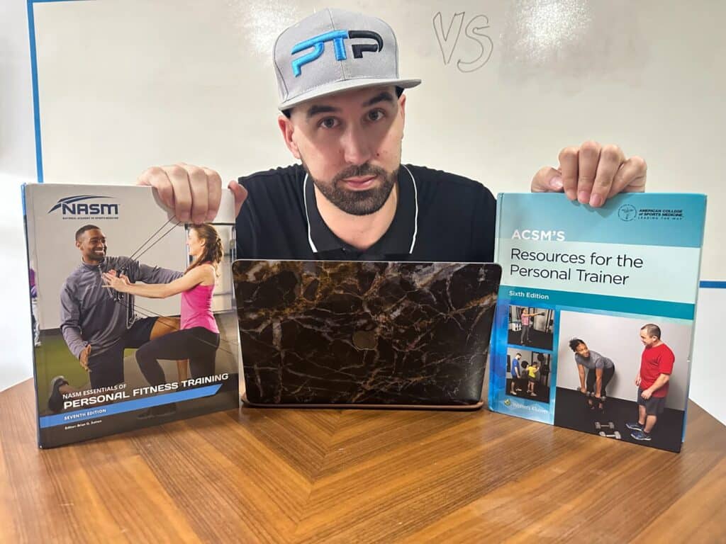 NASM vs ACSM personal training certification - Tyler Read holds the NASM and ACSM textbooks - ACSM vs NASM comparison