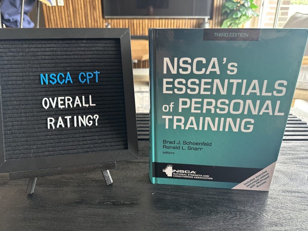 nsca cpt certification overall rating - personal trainer textbook for NSCA certification displayed on table