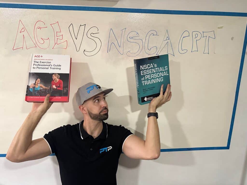 ACE vs NSCA - Tyler Read stands in front of white board with ACE and NSCA textbooks with ACE vs NSCA CPT written behind him in red and blue