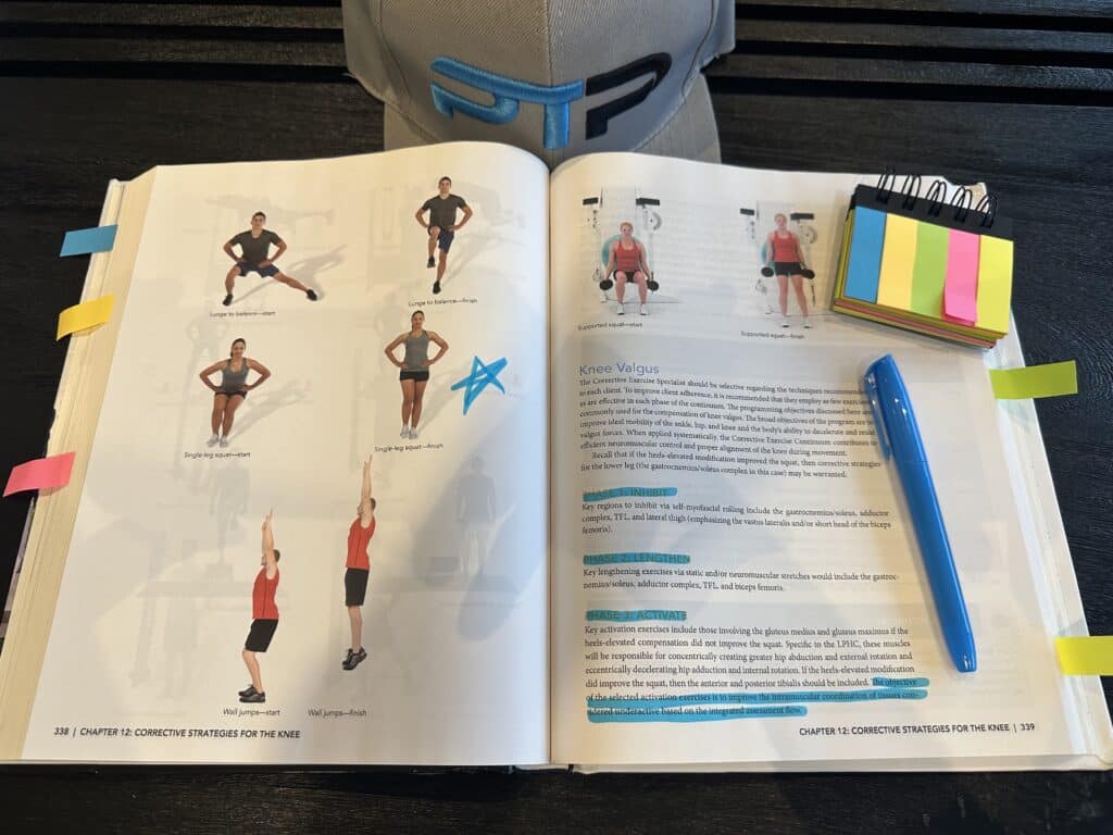 nasm ces exam prep study materials - nasm certification open to page on knee valgus with highlights for note taking