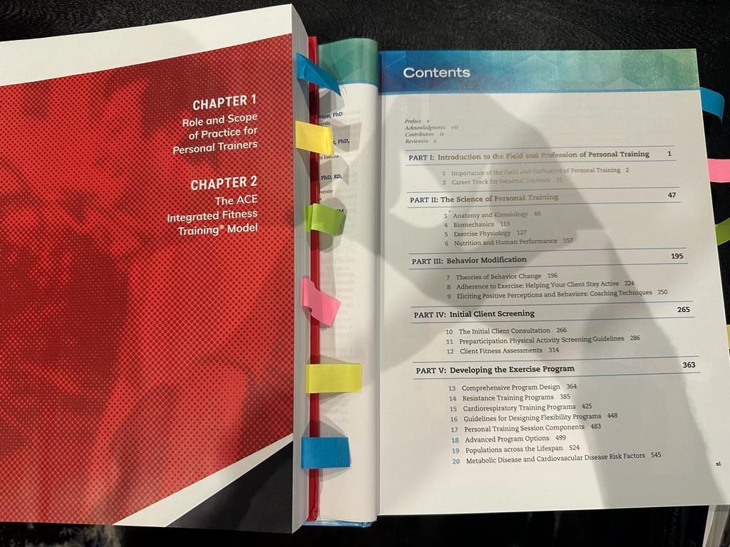 ACE and ACSM certification course layouts. ACE personal trainer textbook and ACSM textbooks placed side by side with table of contents