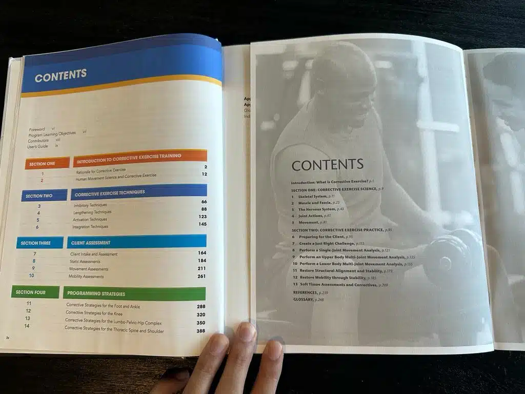 Best Corrective Exercise Training Program (ISSA vs NASM vs TBMM) 21 best CES course layout - NASM and ISSA course contents. Textbooks open to each table of contents.