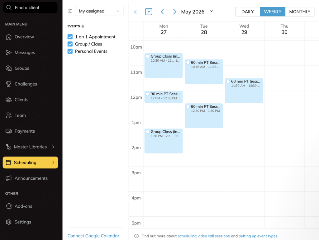 Trainerize scheduling