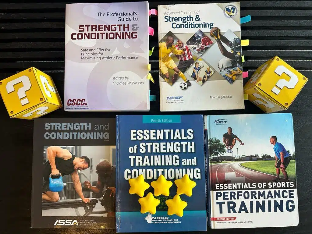 5 Best Strength and Conditioning Certifications (CSCS, PES, SCCC) 26 best strength and conditioning coach certifications laid out on table with yellow boxes and stars - NASM, ISSA, NSCA, CSCCA, NCSF