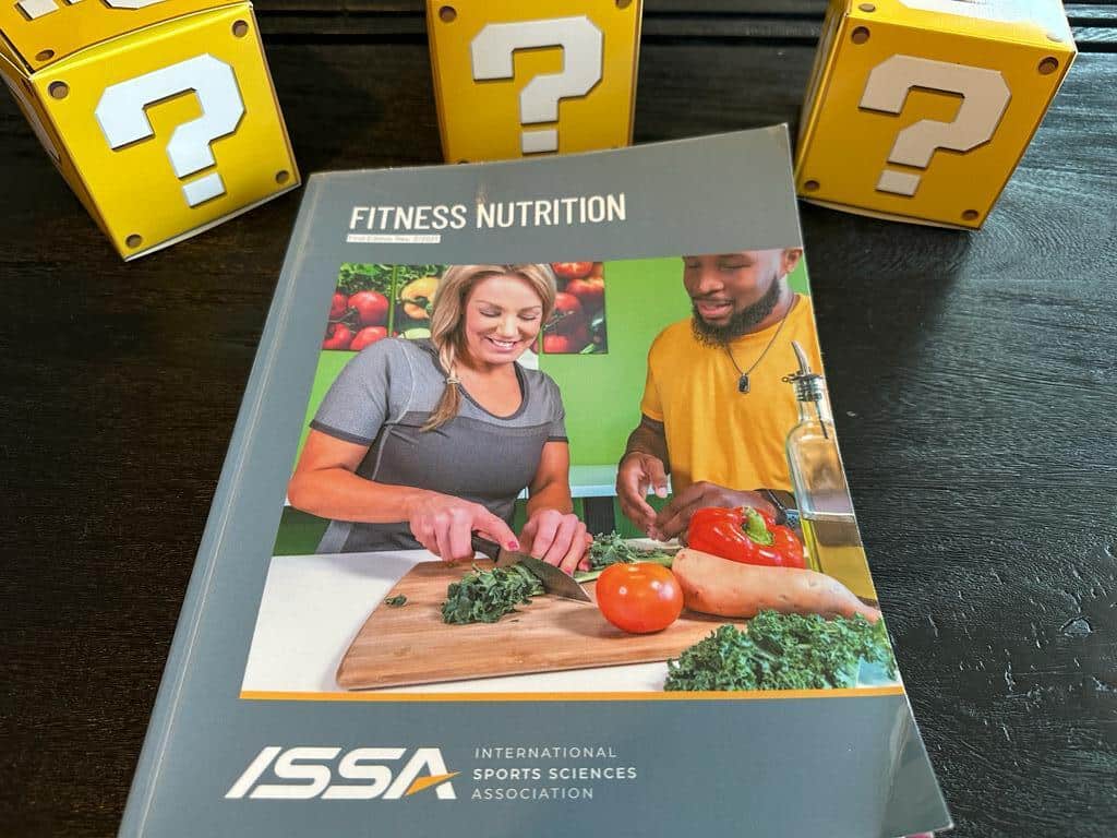 Best Nutrition Certifications - ISSA Nutritionist textbook, fitness nutrition surrounded by yellow question mark boxes