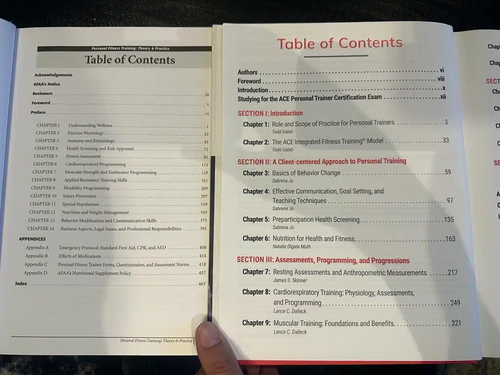 AFAA and ACE - textbooks laid out to table of contents 