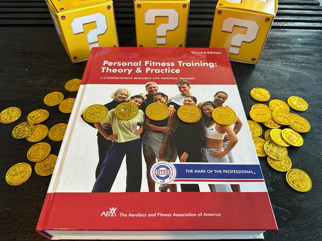 cheapest personal training certifications - AFAA textbook laid out on table with gold coins and mystery boxes - how much does AFAA CPT cost?