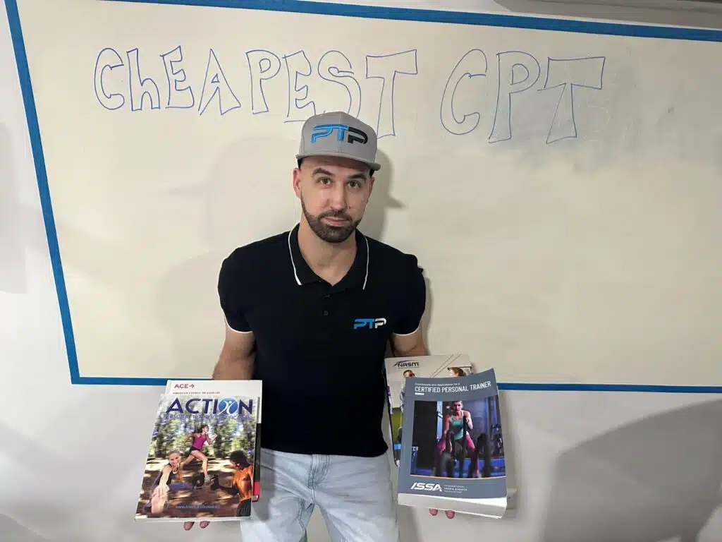 The 9 Cheapest Personal Training Certifications 1 Tyler Read holds up the cheapest personal trainer textbooks against a while board with "cheapest CPT" on it