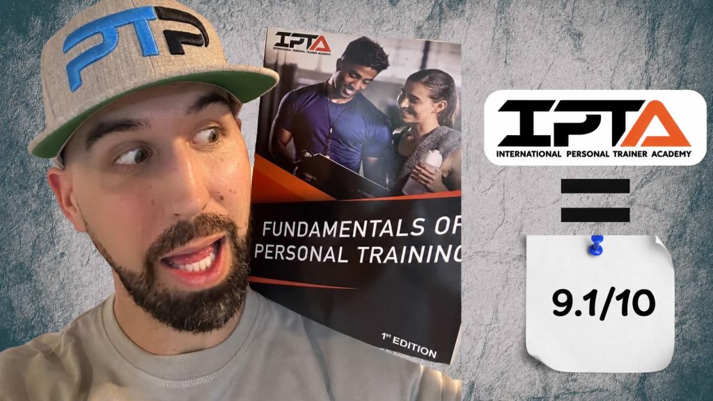 Cheapest Personal Trainer Certification Guide (Updated) 11 IPTA featured image showing Tyler with the textbook and 9.1/10 rating
