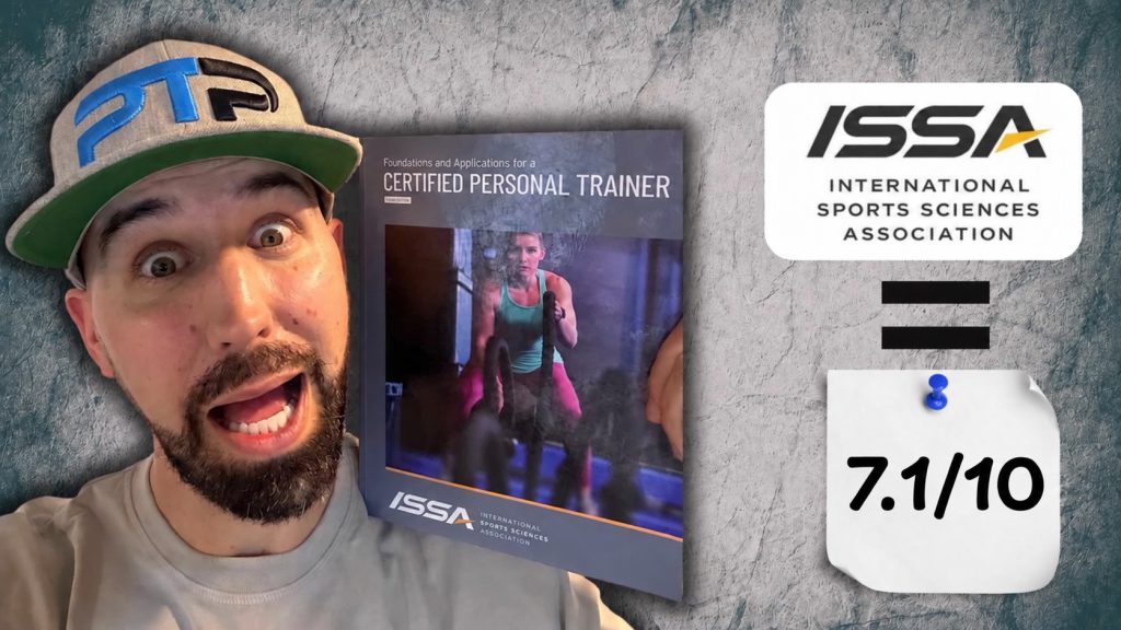 Cheapest Personal Trainer Certification Guide (Updated) 19 ISSA featured image showing Tyler with the textbook and 7.1/10 rating