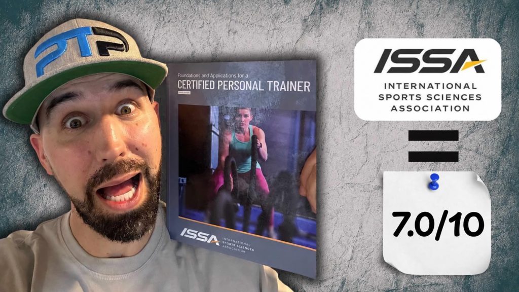 Cheapest Personal Trainer Certification Guide (Updated) 12 ISSA featured image showing Tyler with the textbook and 7/10 rating