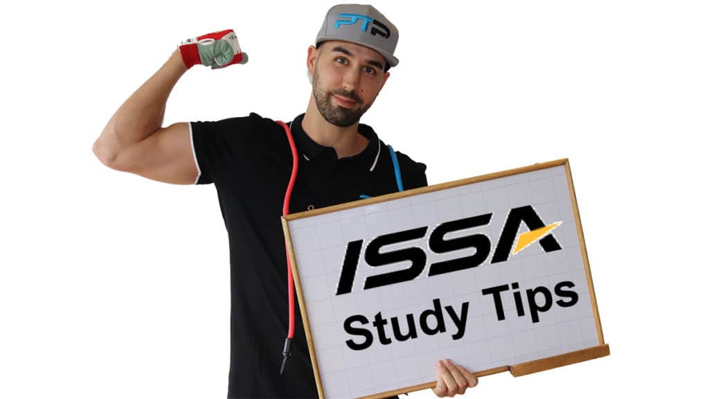 ISSA Study Tips - Tyler Read flexes his arm while displaying a board that says ISSA study tips