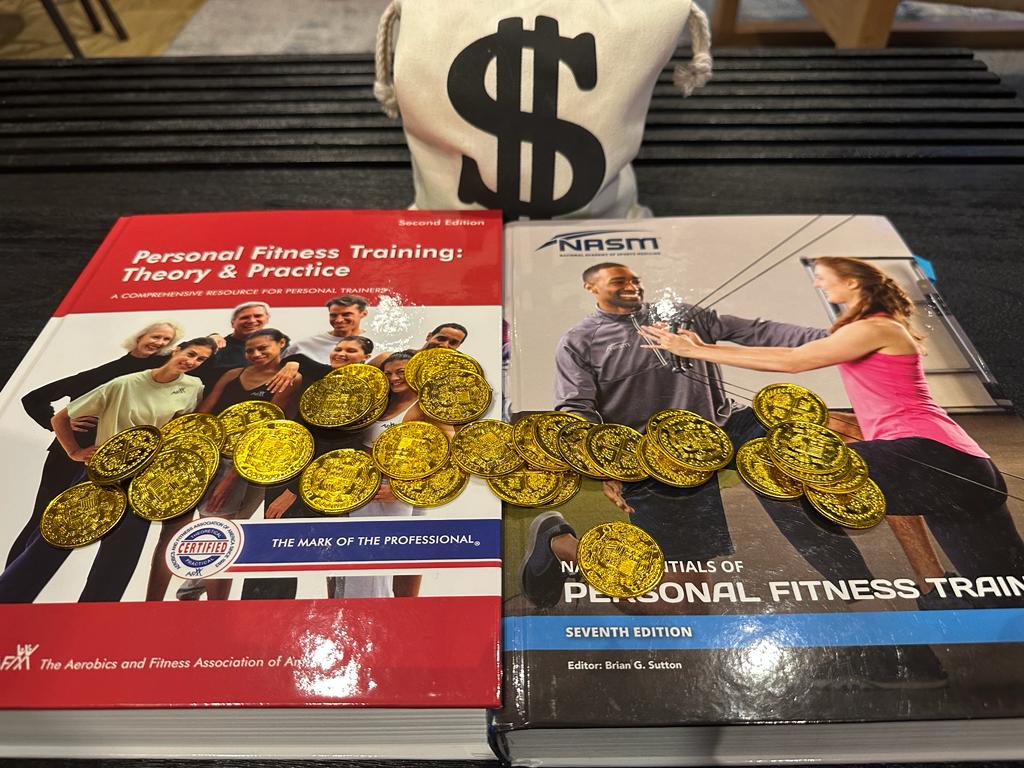 AFAA vs ACE: Which Certification Wins? 27 AFAA vs NASM - textbooks with gold coins and money bag - which costs more, afaa or nasm?