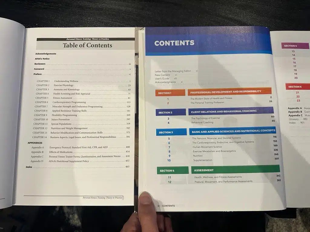 NASM vs AFAA Certification Comparison Review 26 AFAA vs NASM - textbooks opened to table of contents