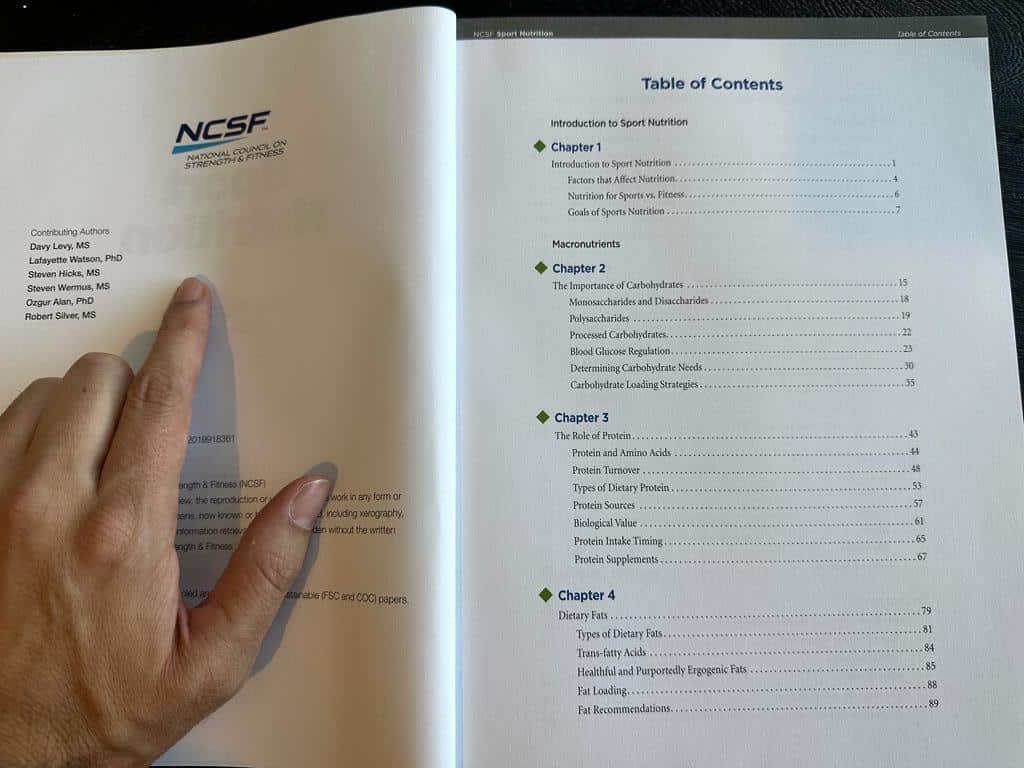 NCSF SNS course contents - NCSF textbook open to table of contents