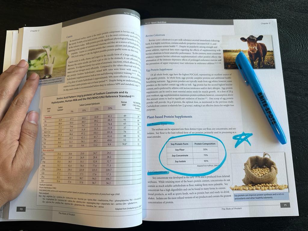 NCSF SNS study materials and exam prep - Sports Nutrition textbook open with highlighter