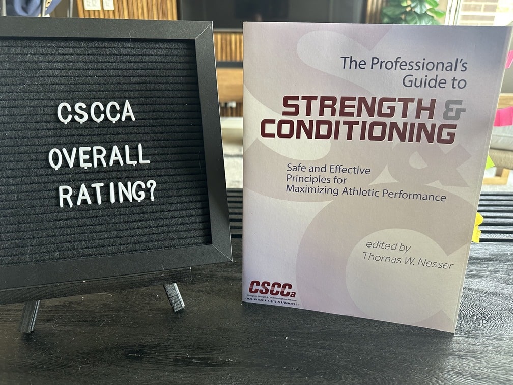 CSCCA Review - Become a Strength & Conditioning Coach 23 cscca certification - strength and conditioning textbook next to blackboard with text -- cscca overall rating