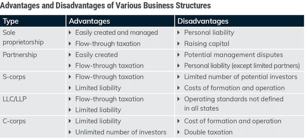 ace cpt content review - table showing advantages and disadvantages of various business structures