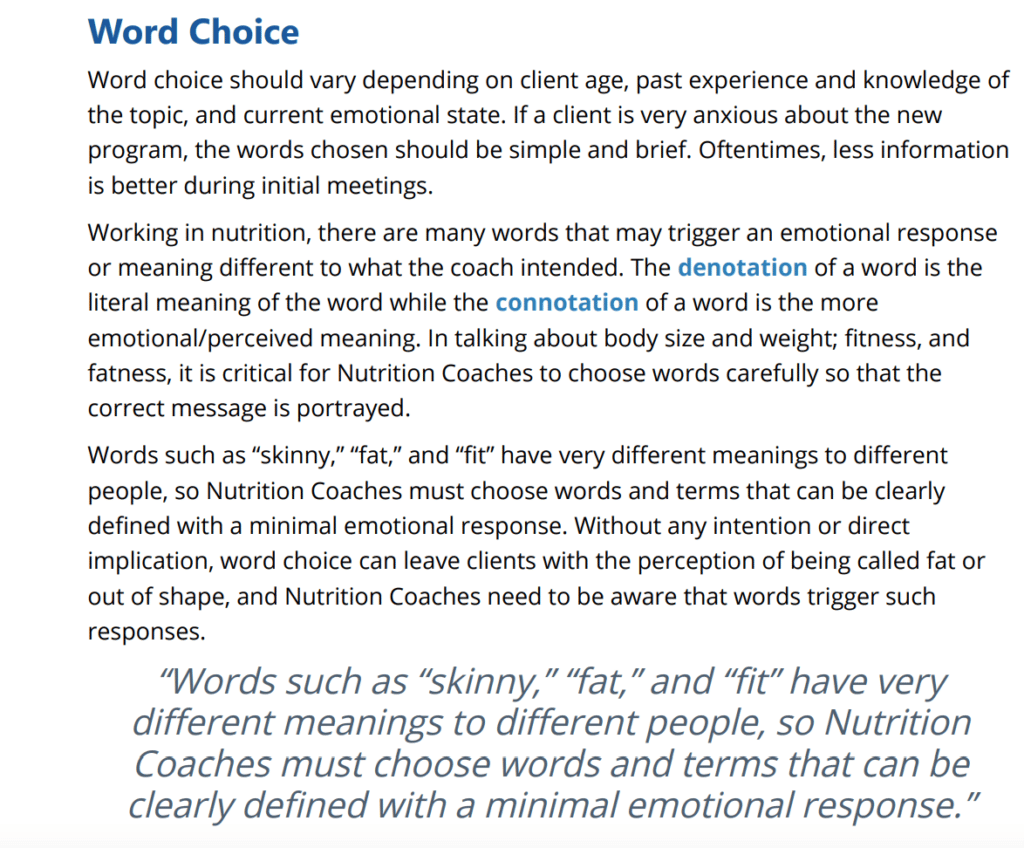 NASM CNC curriculum callout box - word choice usage for nutrition coaching