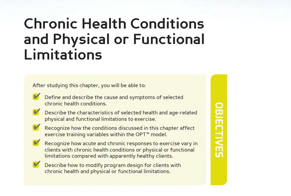 This is in Chapter 23: Chronic Health Conditions and Special Populations. NASM covers methodologies around training clients with limiting health conditions