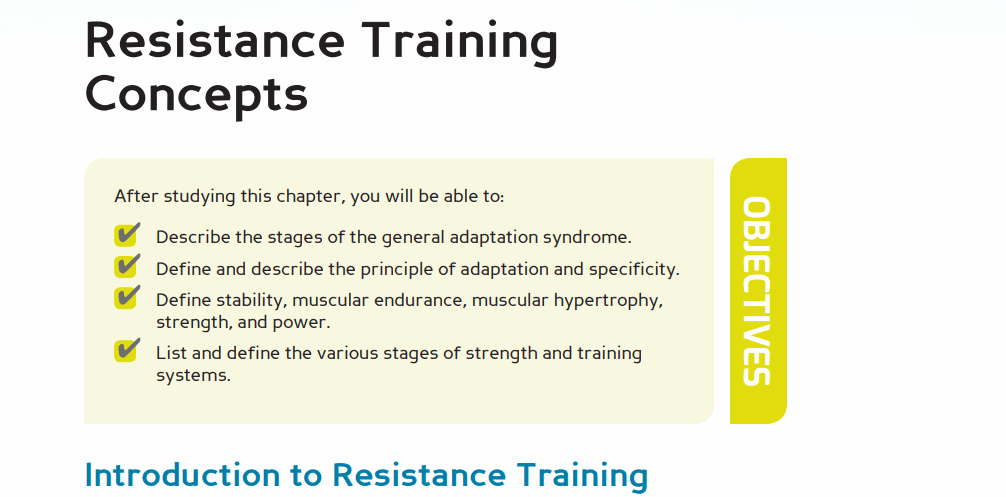 NASM brings resistance training up in Chapter 20: Resistance Training Concepts.