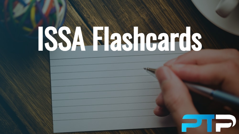 ISSA flashcard with PT Pioneer brand overlay and person writing out flashcards