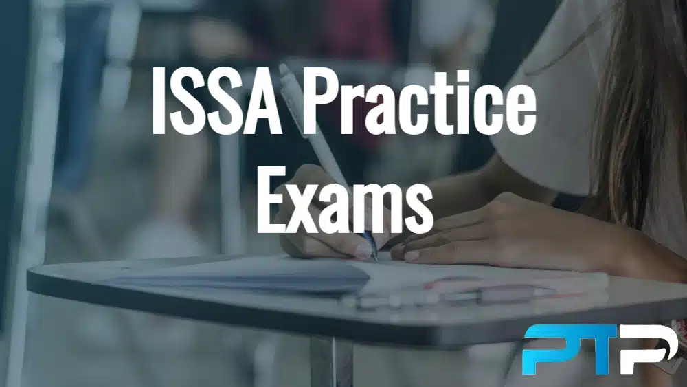 ISSA practice exams - PT Pioneer overlay of woman taking ISSA practice test