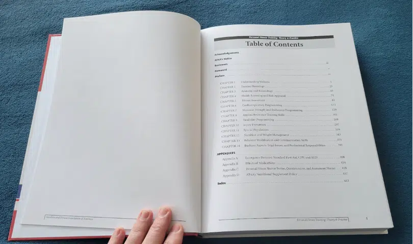 Tyler showing the table of contents for the AFAA PFT textbook