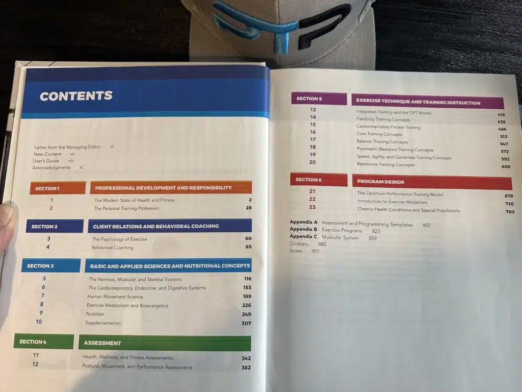 NASM Certification Review 2023 - Is NASM Legit? 42 NASM Table of contents and content overview NASM CPT book open to table of contents