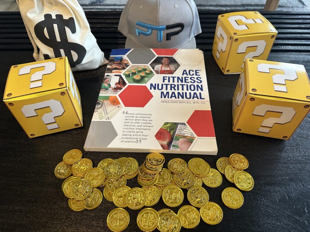 ACE FNS costs and course options - ACE fitness nutrition manual with gold coins and question marks