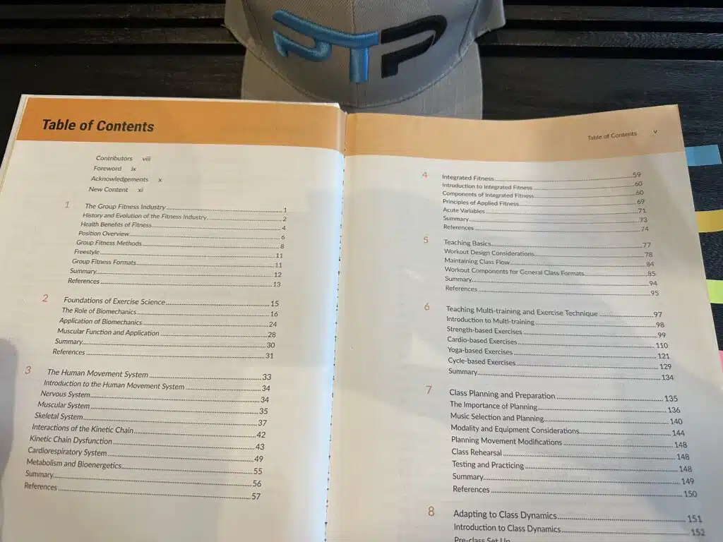 AFAA Group Fitness Instructor Certification Review 17 AFAA Group Fitness Instructor Certification review - content coverage. AFAA textbook open to table of contents.