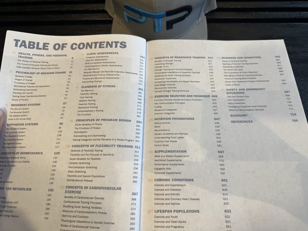 issa cpt certification course layout - ISSA textbook displaying table of contents