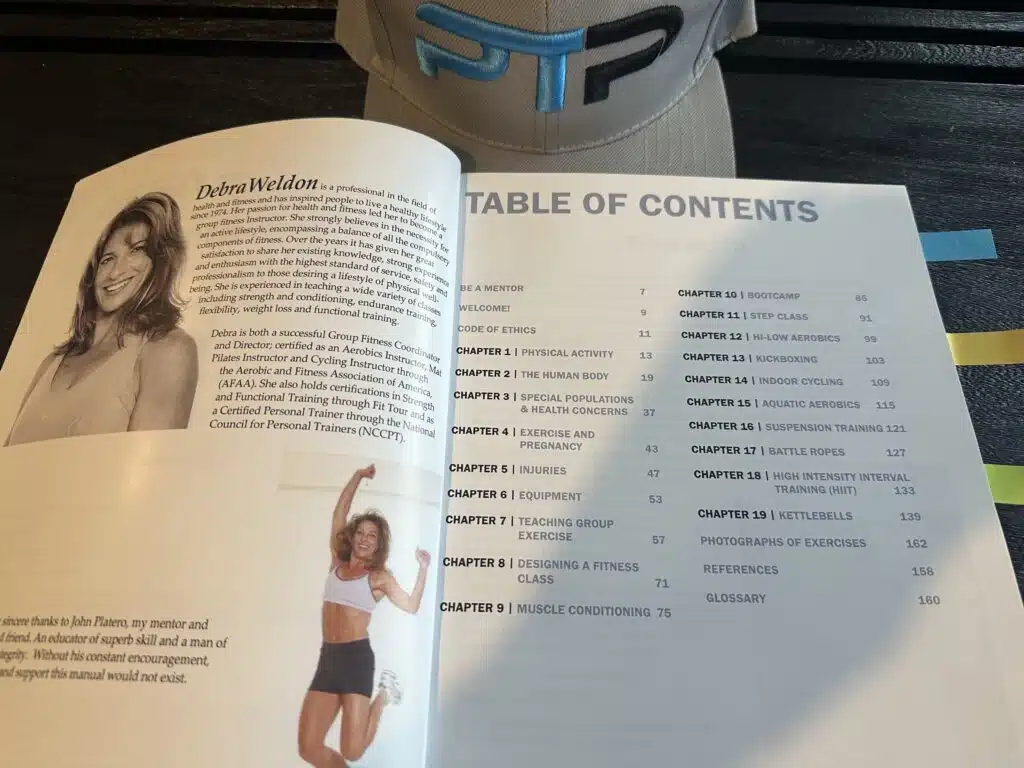 ISSA Group Exercise Instructor Certification Review 17 ISSA GEI certification course layout - ISSA group exercise instructor textbook open to table of contents
