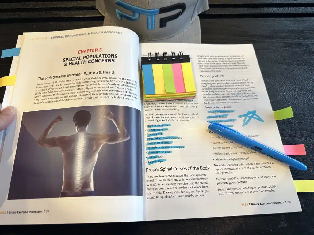 ISSA Group Exercise Instructor Certification Review 18 ISSA Group Exercise Instructor Certification exam prep and study materials - ISSA textbook open to study for ISSA GEI exam