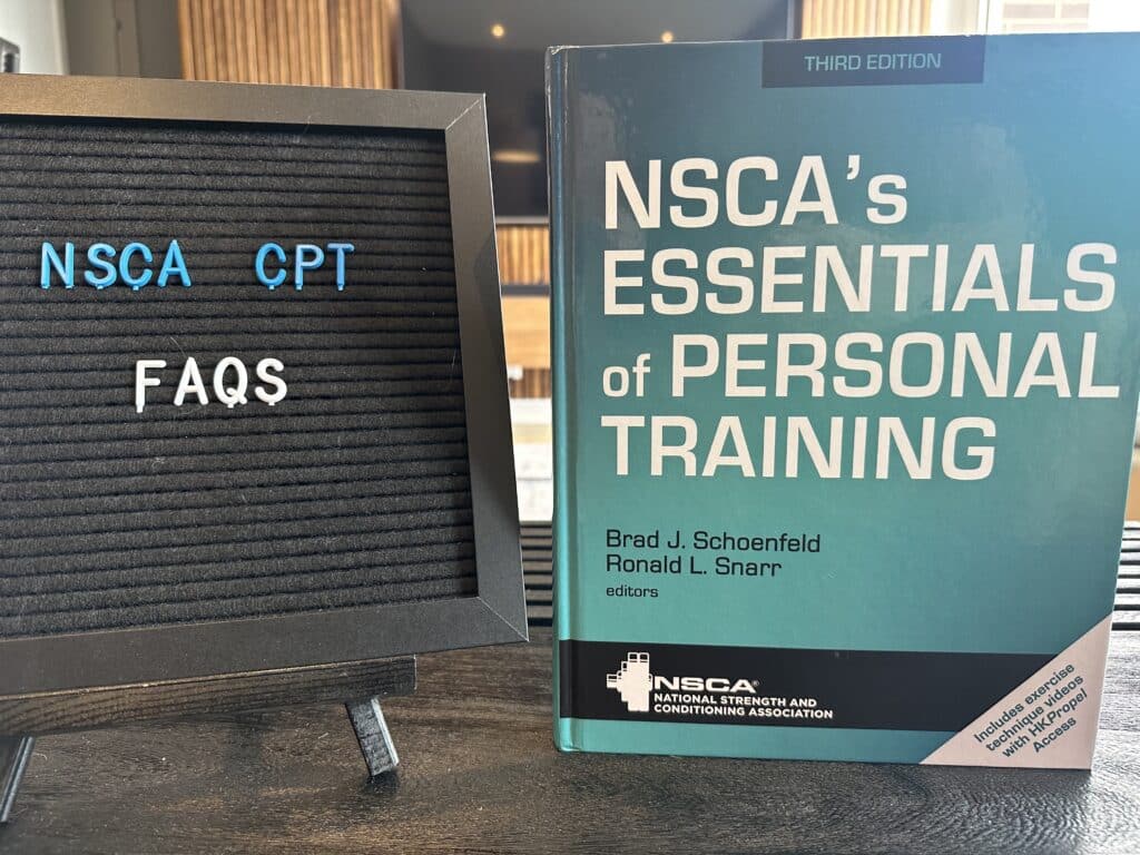 NSCA CPT Frequently Asked Questions (FAQs) - NSCA training textbook on tables with textbook for questions