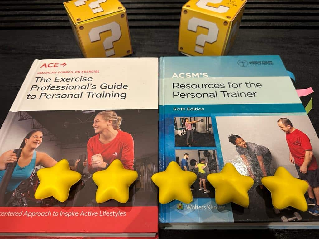 ACE and ACSM overall ratings. ACE personal trainer certification textbook next to ACSM textbook with stars for ratings.