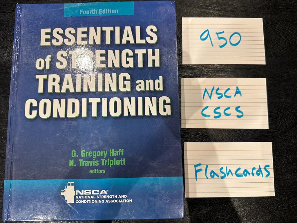 FREE NSCA CSCS Flashcards - over 950 Flashcards - NSCA CSCS textbook on table next to CSCS flashcards