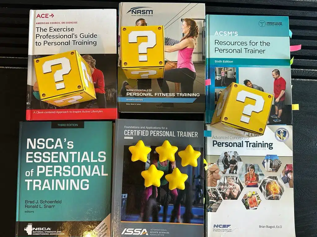 Best Personal Trainer Certification programs - CPT textbooks for ACE, NASM, ACSM, NSCA, ISSA, and NCSF laid out on table with yellow stars and questions marks - which is the best personal training program?