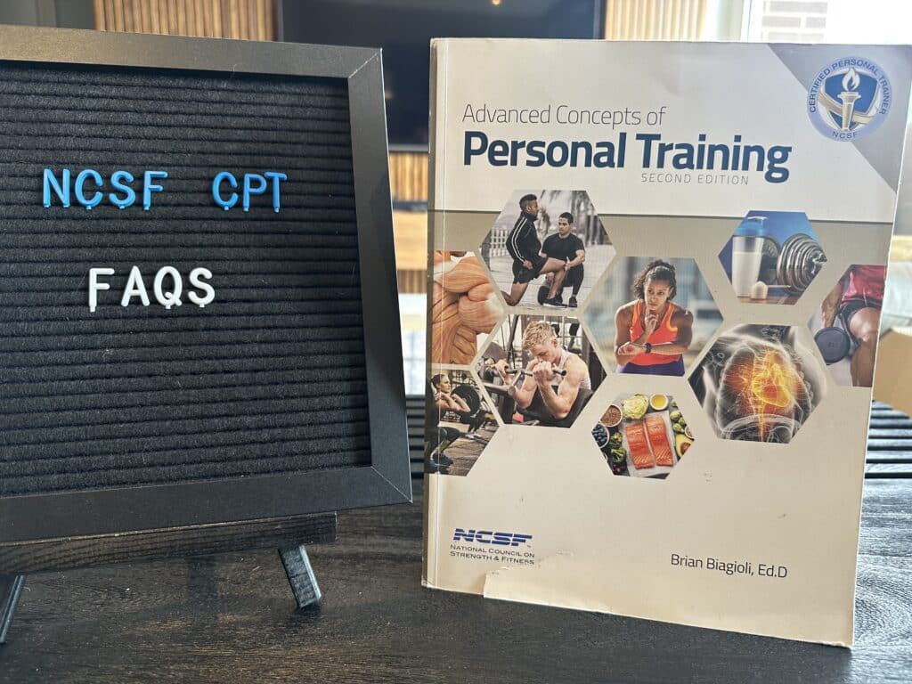 NCSF certifications FAQs - NCSF CPT certification textbook on table with frequently asked questions regarding NCSF personal trainer certification