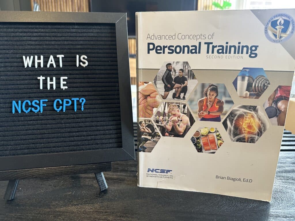 What is the NCSF personal training certification? NCSF study materials displayed on table next to whiteboard asking "What is the NCSF CPT?"