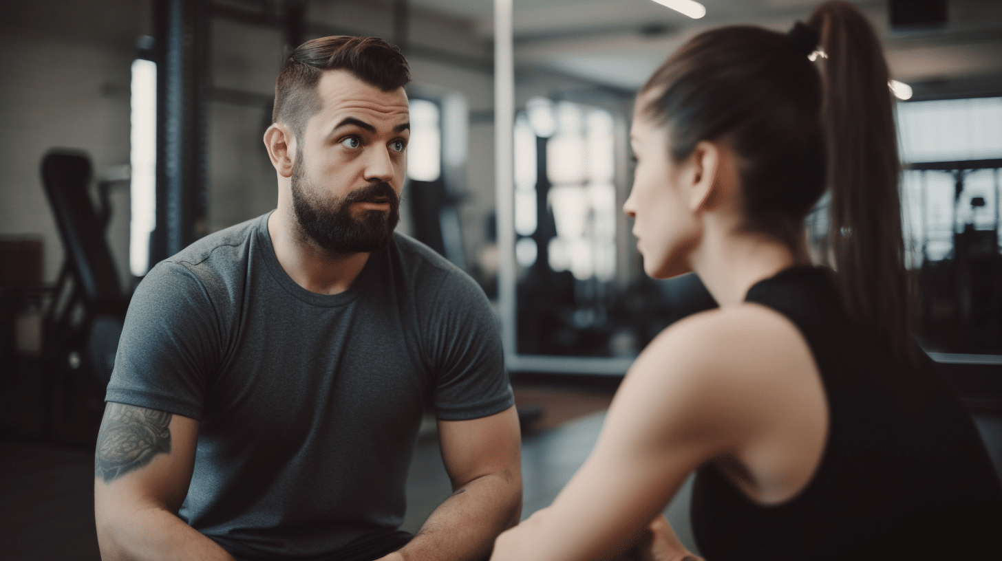 NASM Behavior Change Specialist - fitness coach talking with client to assist with behavioral change to improve fitness goals