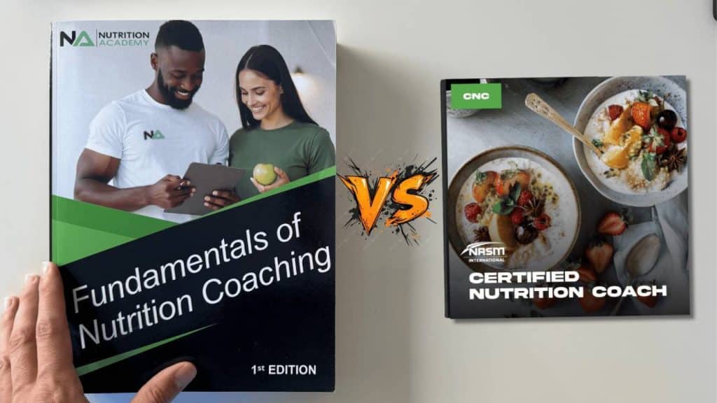 IPTA Certified Nutrition Specialist vs NASM Certified Nutrition Coach 13 IPTA CNS and NASM CNC textbooks with vs symbol